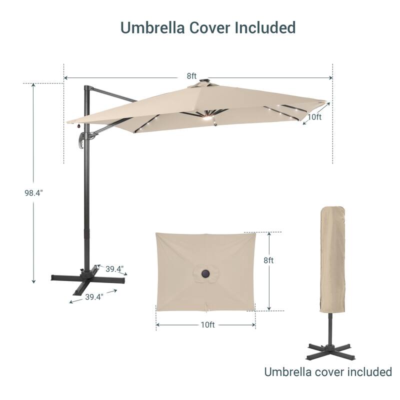 LIVOOSUN Aluminum 10x8FT LED Rectangular Cantilever Patio Umbrella