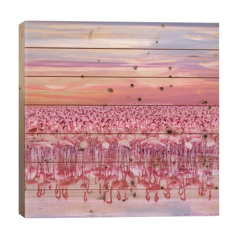 Flamingo's Sunset Print On Wood by Hobopeeba - Multi-Color - 26x26x1.5