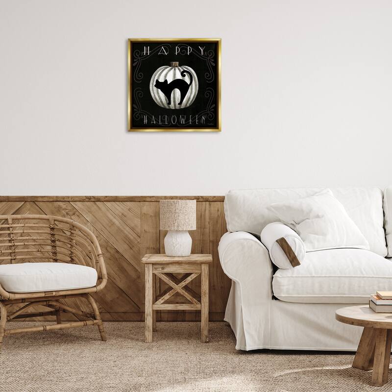 Stupell Happy Halloween Cat & Pumpkin Framed Floater Canvas Wall Art Design By Elizabeth Tyndall