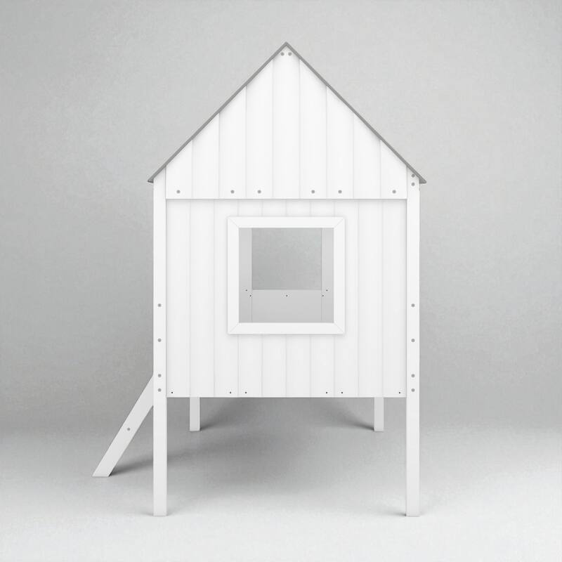 Twin Size House Bed with Roof and Side Windows, Low Loft Wooden Frame for Kids, No Box Spring Needed