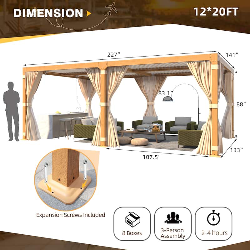 EROMMY Outdoor Louvered Pergola Gazebo with Adjustable Aluminum Rainproof Roof and Pull-Down Screen