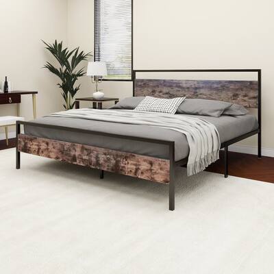Alazyhome Metal Platform Bed Frame with Wood Headboard and Footboard