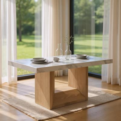 HomeRoots 70" White and Natural Faux Marble and Wood Pedestal Base Dining Table - 70 in. x 30 in. x 42 in.