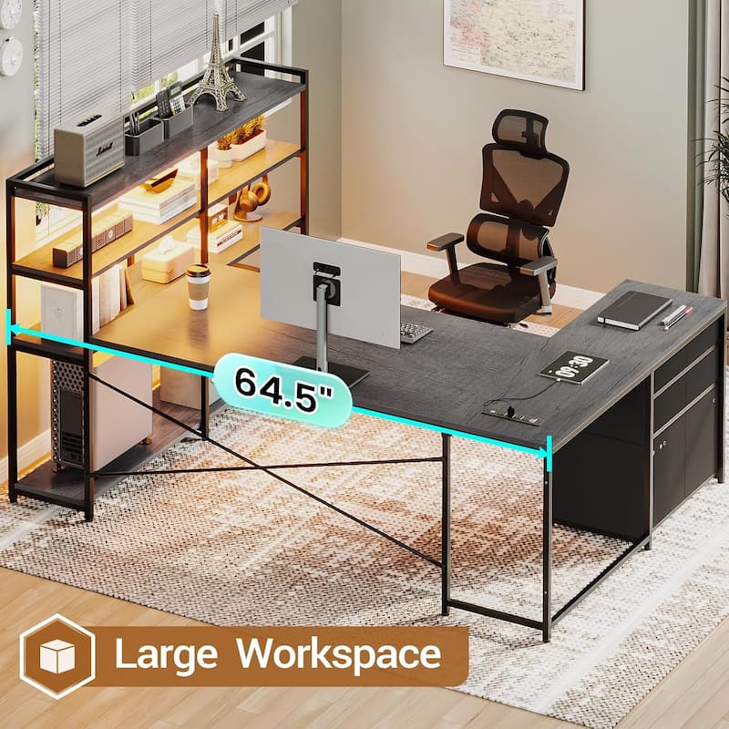 L Shaped Desk Gaming Desk 3 Fabric Drawers 5 Storage Shelves