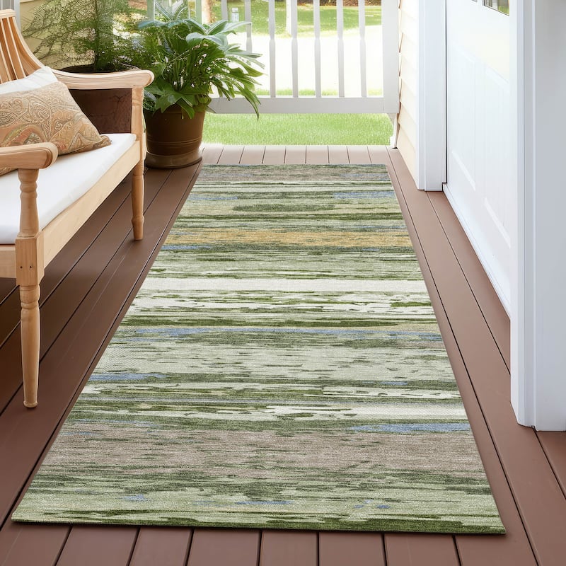 Machine Washable Indoor/ Outdoor Abstract Stripes Chantille Rug - Aloe - 2'3" x 7'6"