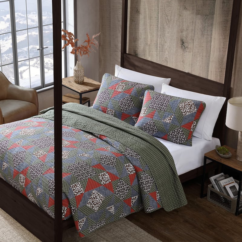 Eddie Bauer Block Patchwork Cotton Reversible Green Quilt Set