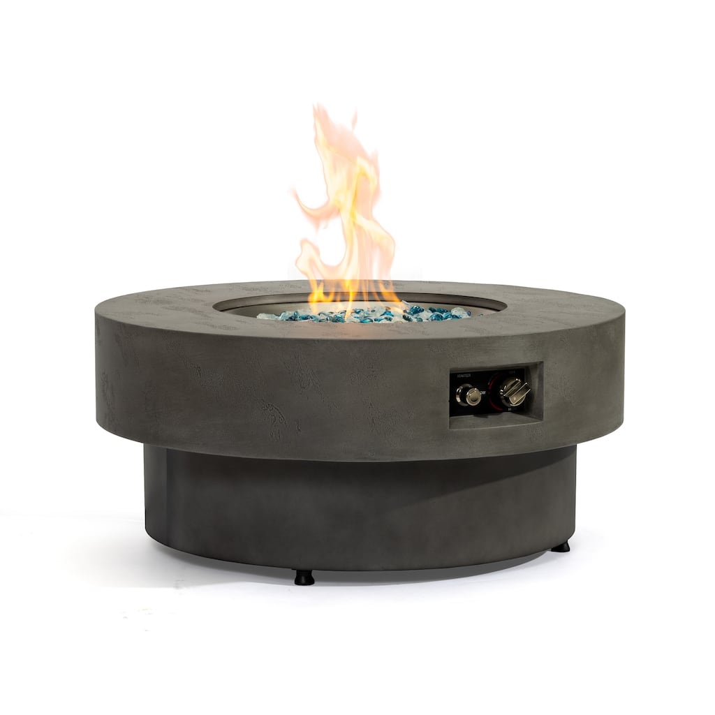 Rossetta 34" Round Tabletop Fire Pit for Small Spaces, 50,000 BTU Concrete Propane Fire Pit with Glass Rocks & Cover
