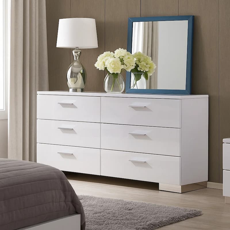 High Gloss Finish Wood and Metal Dresser with 6 Spacious Drawers,White