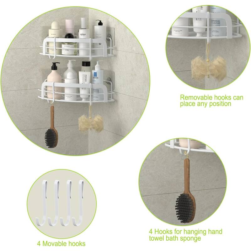 2Pack Corner Shelf Adhesive Wall Mounted Shower Caddy with 4 Hooks