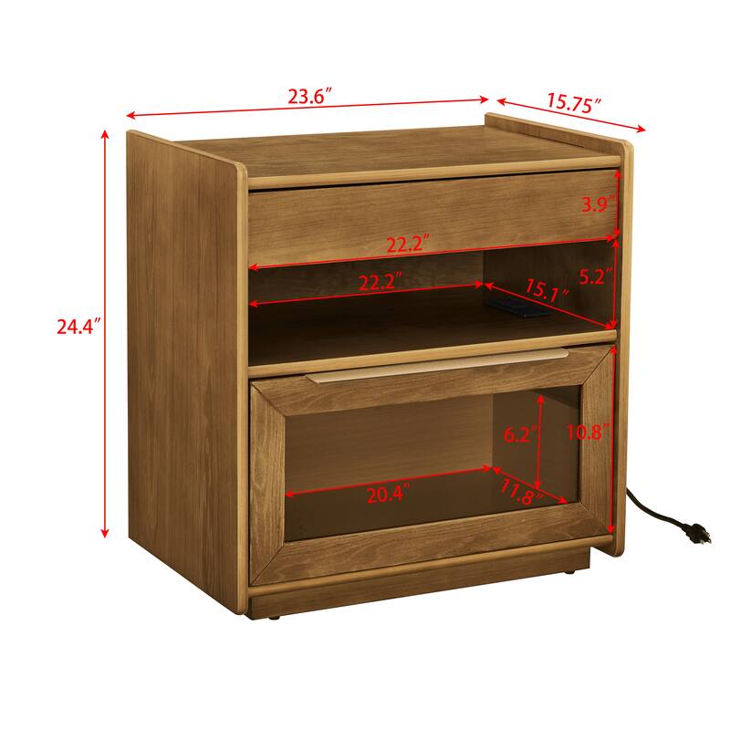 Roomfitters Mid Century Nightstand, Glass Drawer, Bedside Table with Charging Ports, Storage