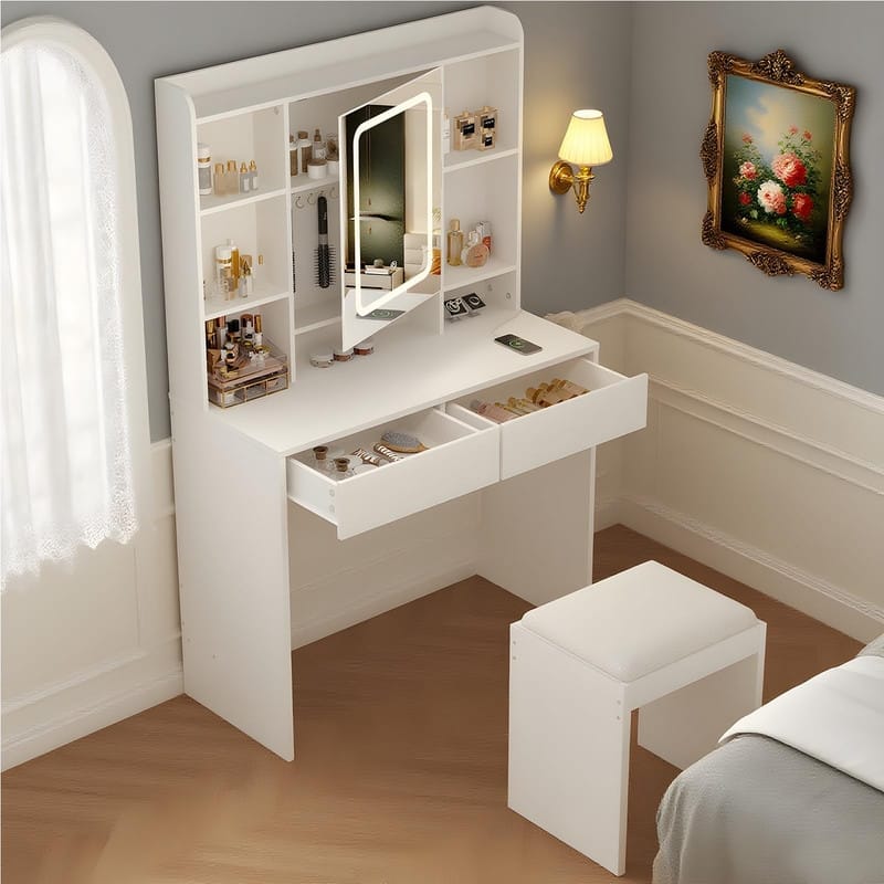 Vanity Desk with LED Mirror, Storage Drawers, USB Outlets, and Padded Stool