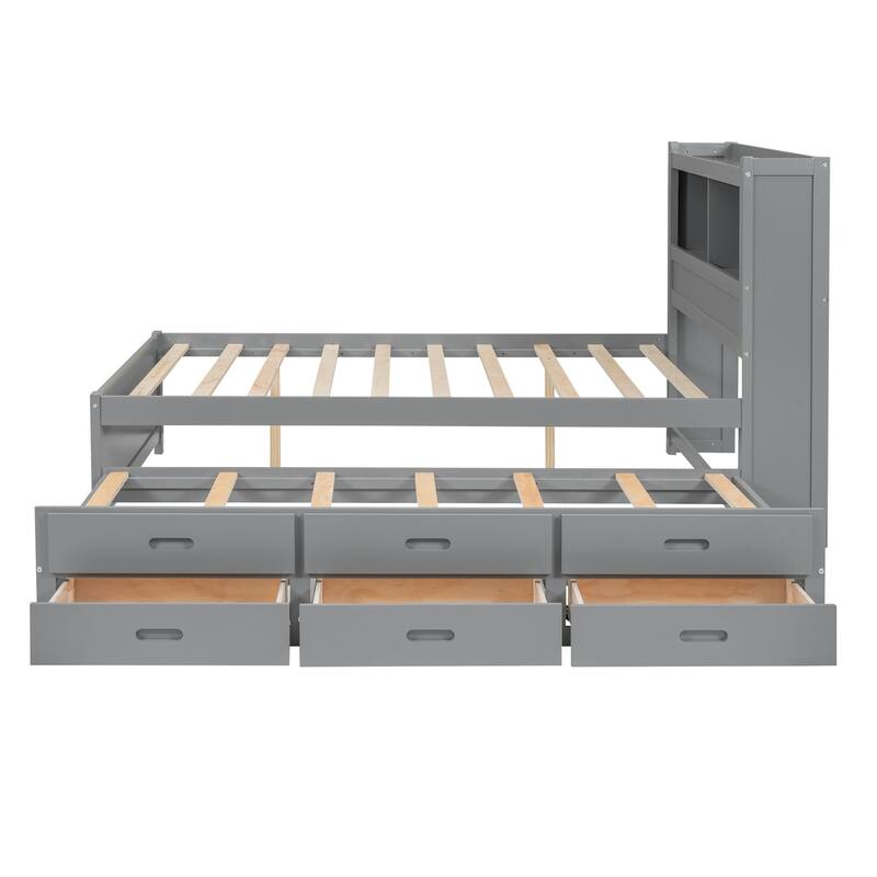 Full Size Storage Platform Bed with Trundle, Drawers and USB Ports in Gray
