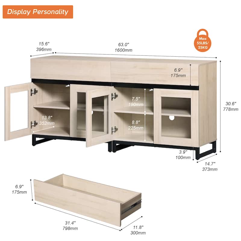 Modern Dresser With Glass Doors, Drawer, And Adjustable Shelf - Multifunctional Storage Cabinet For Living Room Or Bedroom