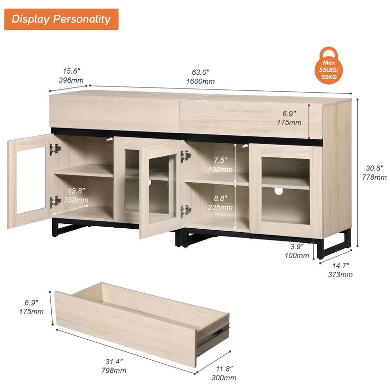 WAMPAT Modern TV Stand with Glass Doors for 110 inch TVs, Entertainment Center Console with 3 Drawers and Metal Base