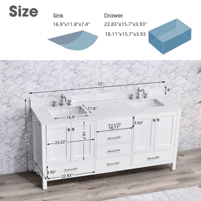 OpalithD 72 in. Bathroom Vanity with Double Sinks, Wood Bath Cabinet with Top