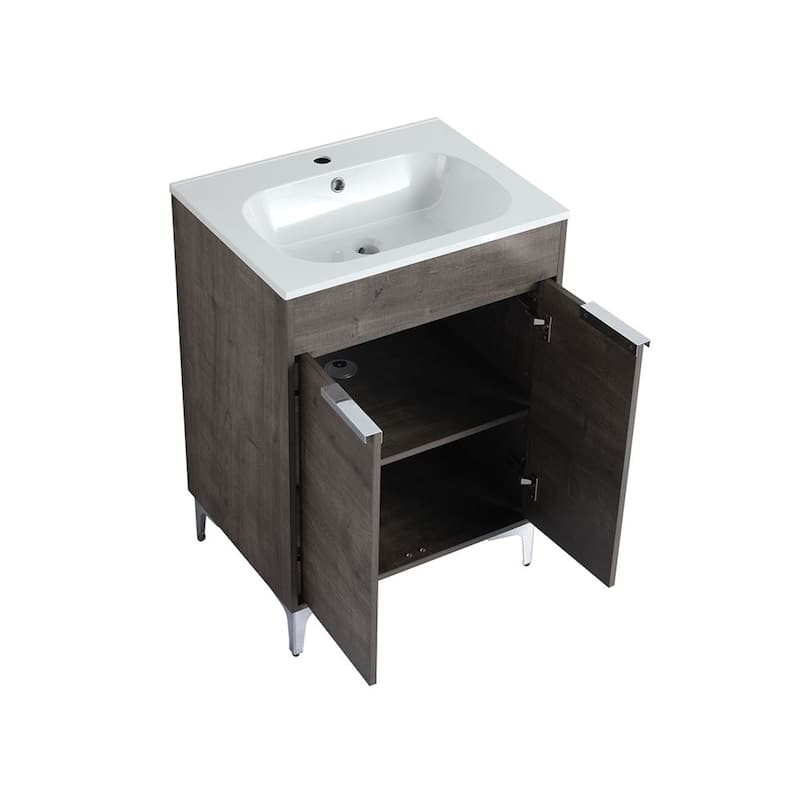 24" Single Vanity In Gray Oak Finish With Solid Surface Resin White Sink