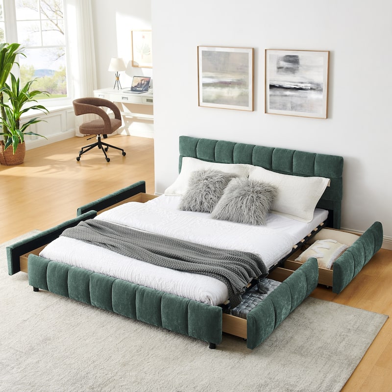 Block Thick Chenille Low Profile Platform Bed Fabric Upholstered Bedframe with Headboard Solid Wood Frame - Optional Storage Bed - Blue Green with Drawers - Queen