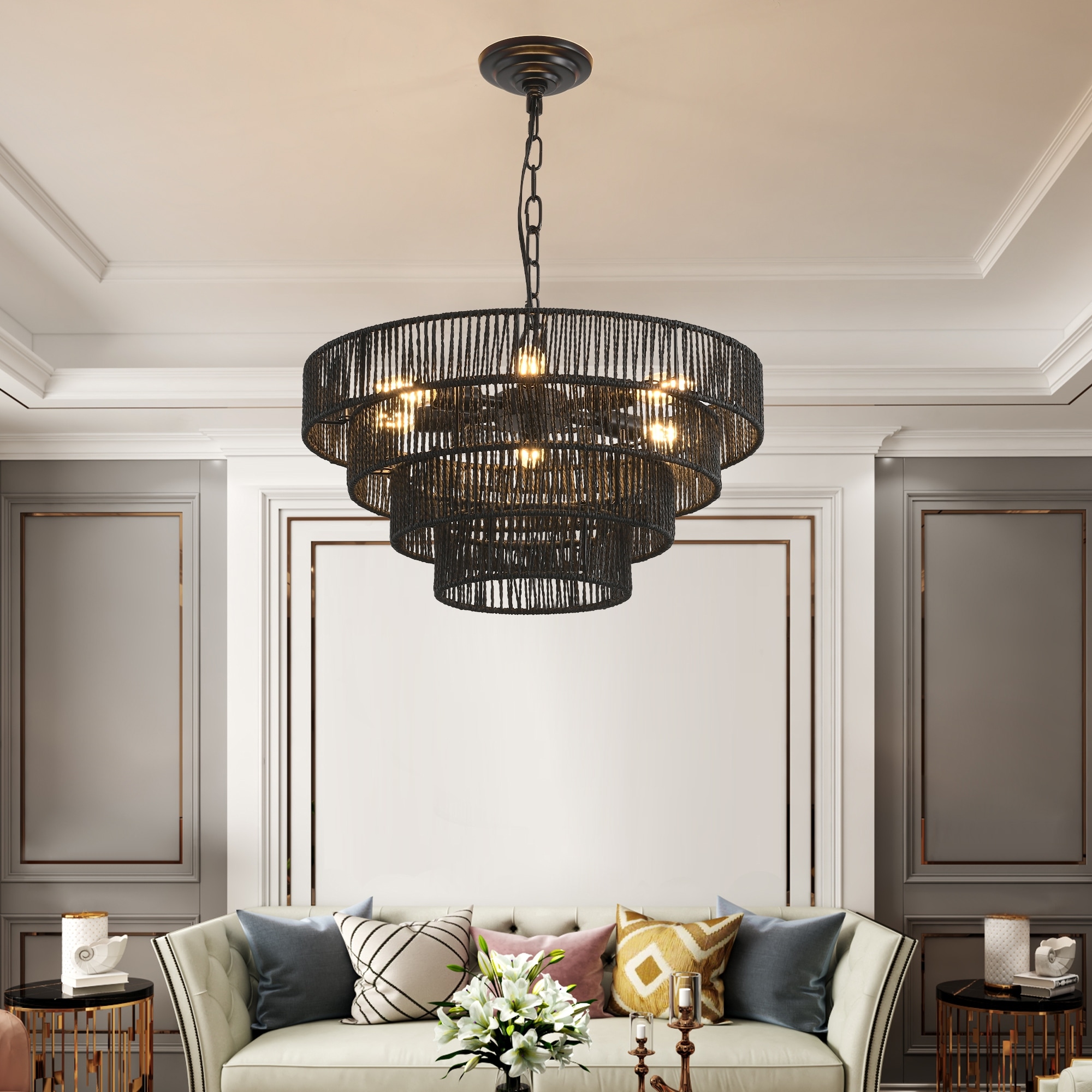 Rustic Black Hemp Rope Chandelier 6 E12 Sockets Handmade Tiered Boho Ceiling Light Fixture