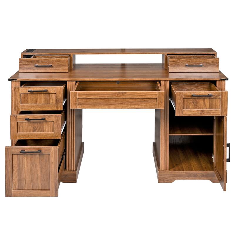 59" Executive Desk with Drawers, Farmhouse Home Office Desk Wood Computer Desk with Charging Station, Keyboard Tray