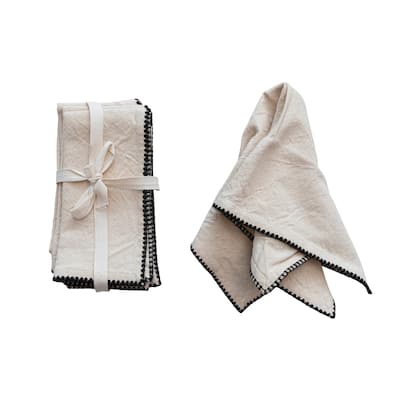 Cotton Napkins with Embroidered Trim - 18.0"L x 18.0"W x 0.3"H - Ivory - 18.0"L x 18.0"W x 0.3"H