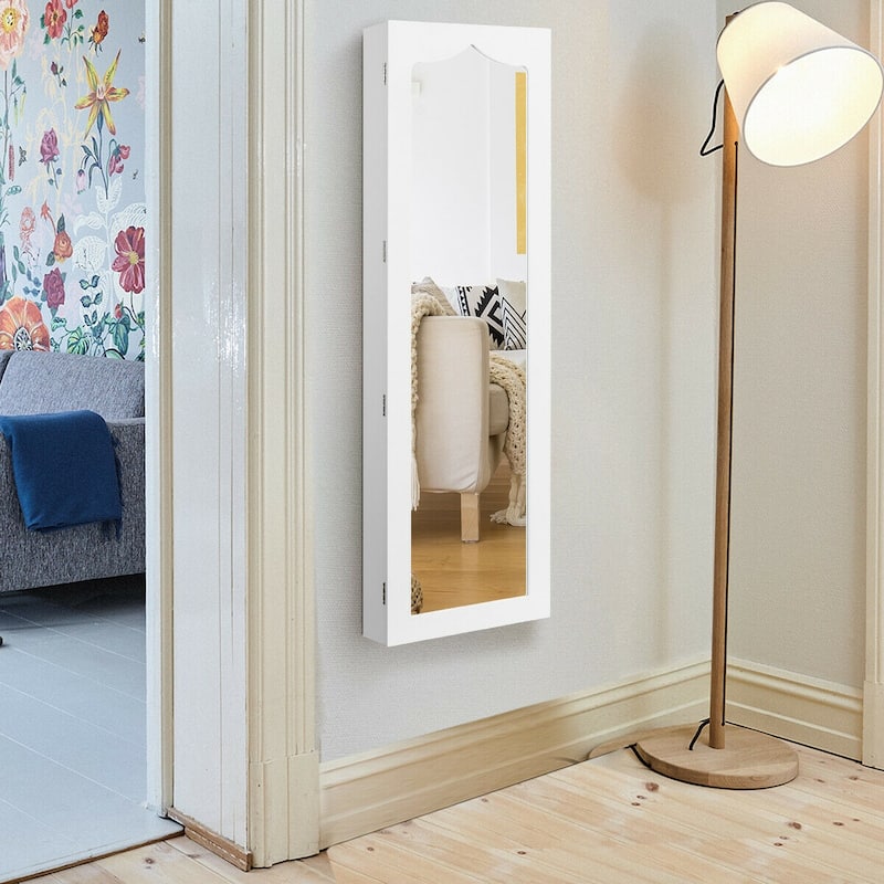 Gymax Wall Door Mounted Jewelry Cabinet Organizer LED Mirror White