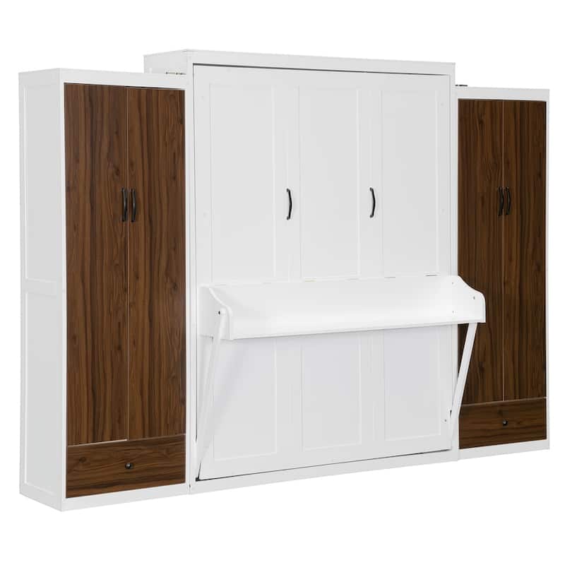Queen Size Murphy Bed Wall Bed with Closet,Drawers and Table
