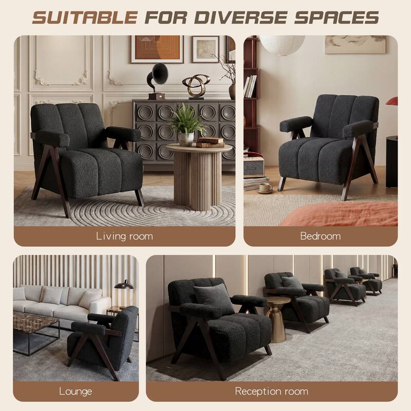 Mid Century Modern Accent Chair, Solid Wood Upholstered Armchair with Wide Backrest and Thick Cushion