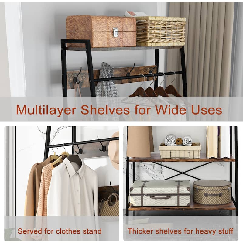 Industrial Clothes Rack Stand with Storage Shelves and 9 Hooks