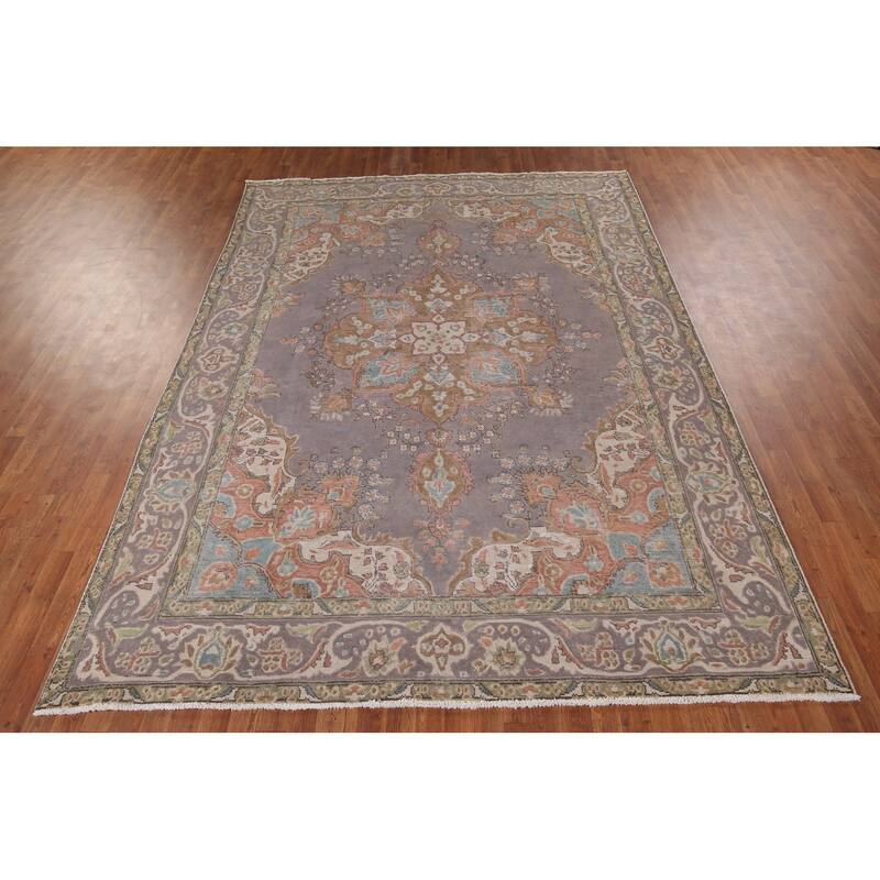 Purple Tabriz Vintage Persian Area Rug Handmade Wool Carpet - 7'11" x 11'1"