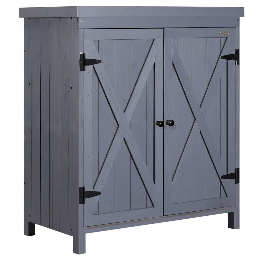 Rust-Resistant Outdoor Garden Storage Cabinet with Galvanized Top and Two Shelves, Grey Wood Tool Shed