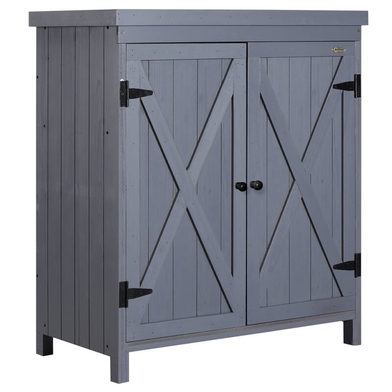Rust-Resistant Outdoor Garden Storage Cabinet with Galvanized Top and Two Shelves, Grey Wood Tool Shed - Grey
