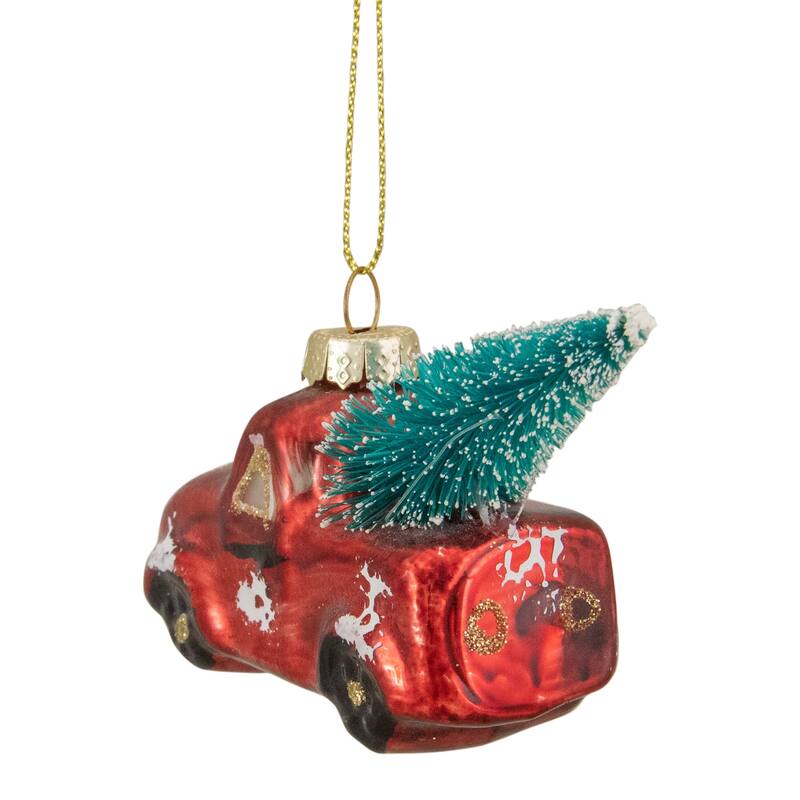 Metallic Truck with a Sisal Tree Glass Christmas Ornament - 3.75" - Red and White - 2.25"