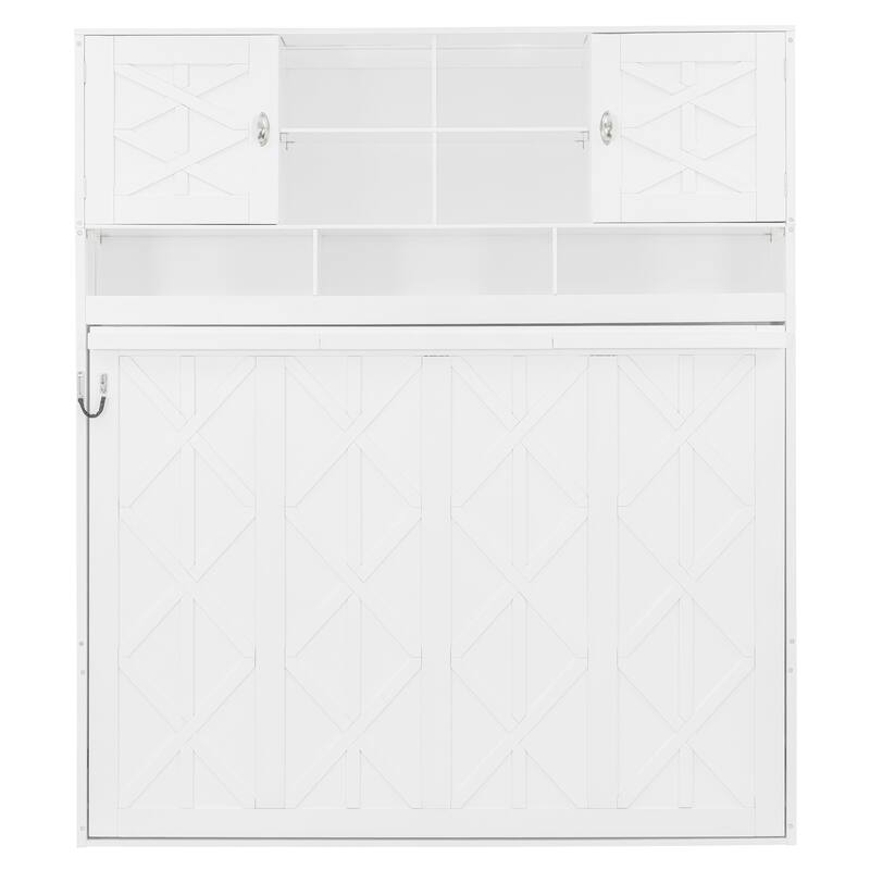 Queen Size Wall-Mounted Murphy Bed with Storage and Decorative Panels, White