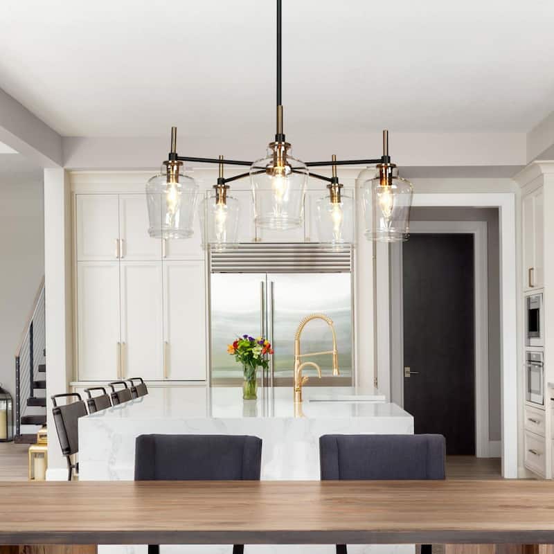 Modern Farmhouse 3/5-Light Black Gold Chandelier Clear Glass Kitchen Island Pendant Lighting for Dinning Room