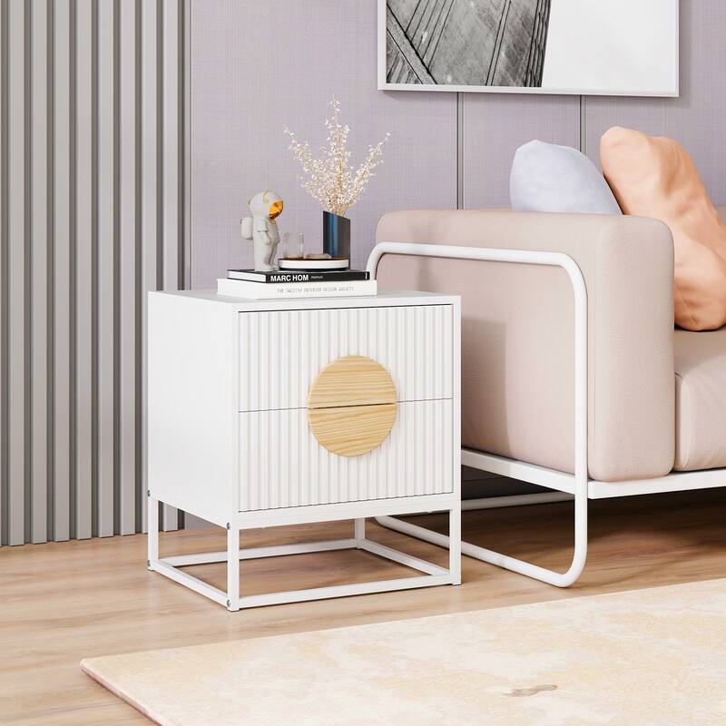 Modern Wooden Fluted Nightstand with 2 Storage Drawers and Metal Base for Bedroom