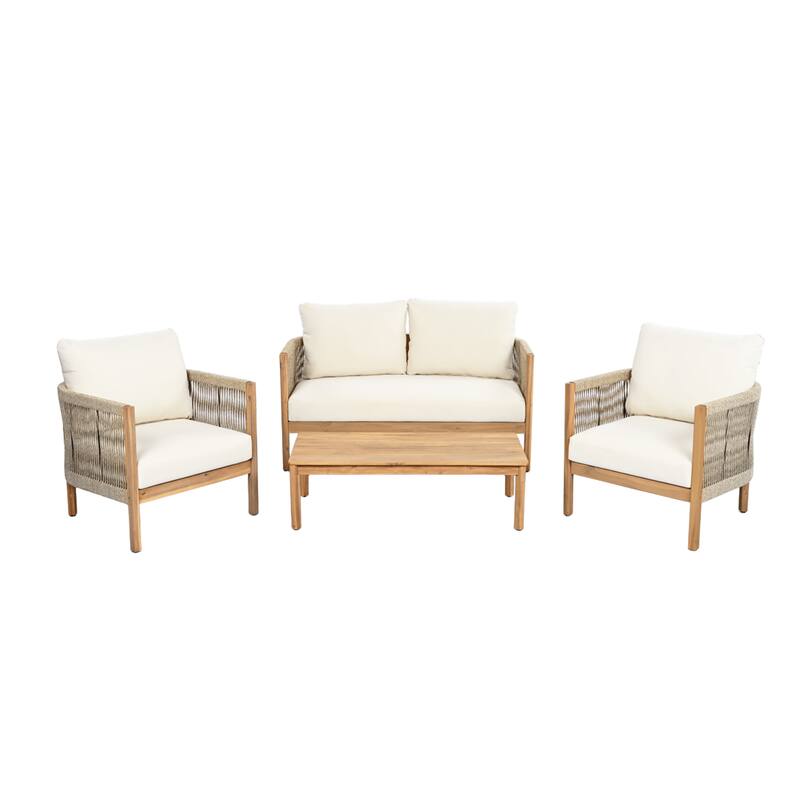 Christopher Knight Home - Amelie Outdoor 4-Piece Acacia Lounge Set - Loveseat, Club Chairs, & Coffee Table with Cushions
