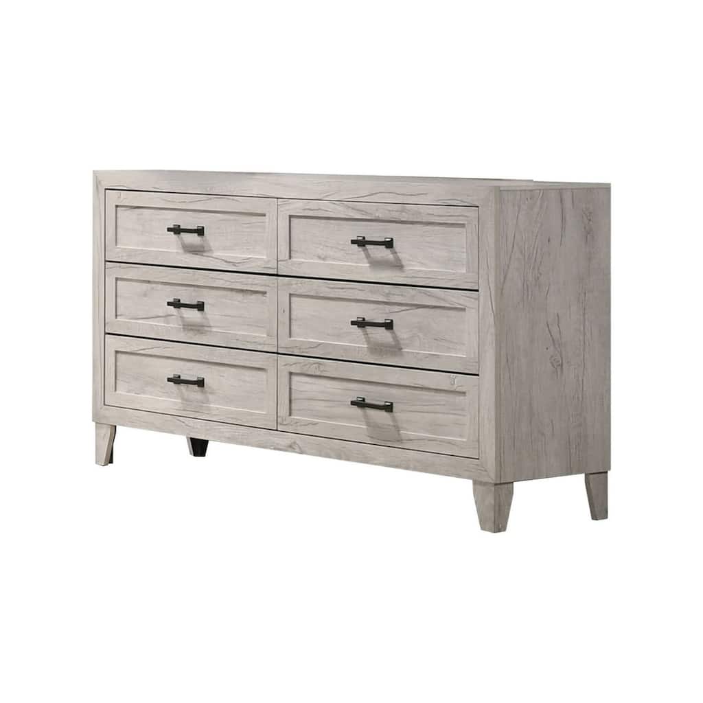Miot Wide Dresser, 6 Drawers w Metal Handles, White Wash Wood