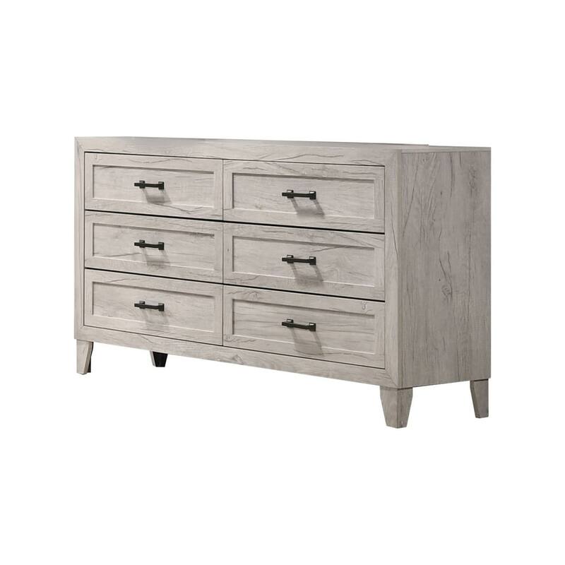 Miot Wide Dresser, 6 Drawers w Metal Handles, White Wash Wood