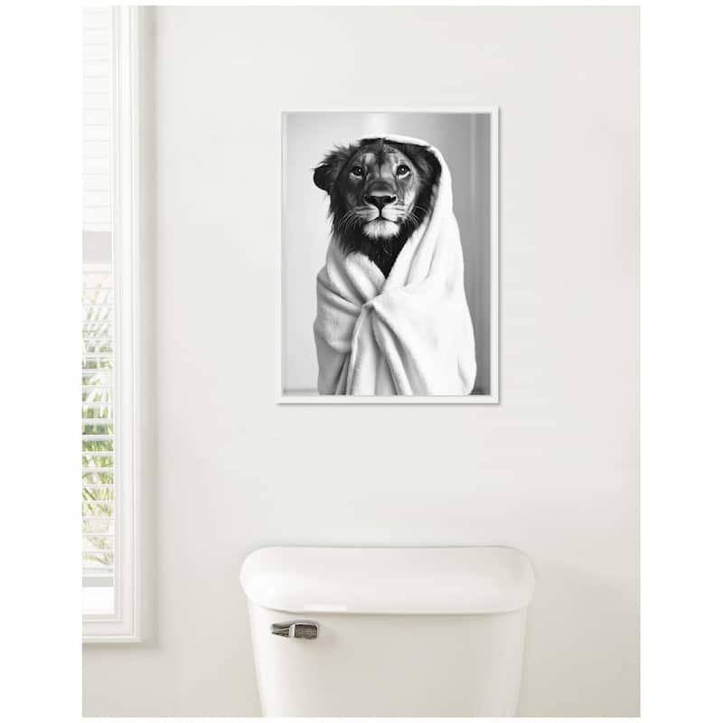 Kate and Laurel Sylvie Lioness Bathroom Art Towel Robe Black and White Framed Canvas by The Creative Bunch Studio