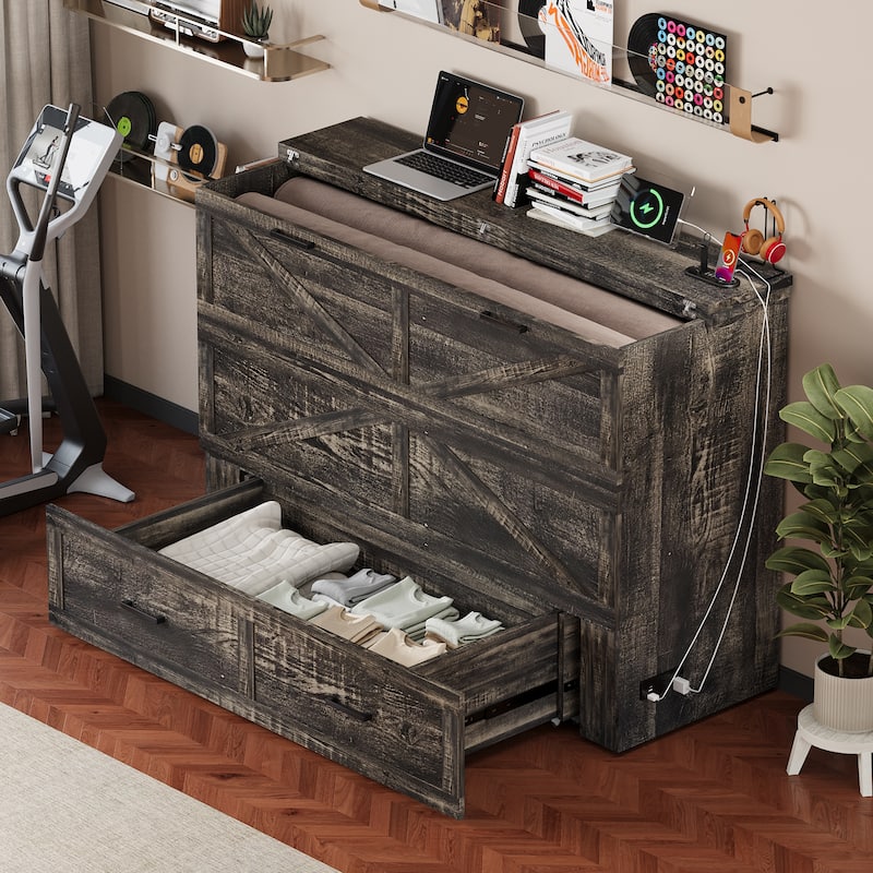 Murphy Bed with Storage&Charging Station/Queen Murphy Cabinet Bed with Large Drawer/Pull out Platform Bed/Mattress Not Included