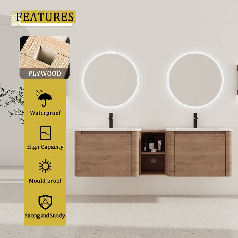 68'' Wall-Mounted Bathroom Vanity with White Ceramic Sink and Storage Shelves & 1-Soft-Close Door, KD-Packing, Plywood