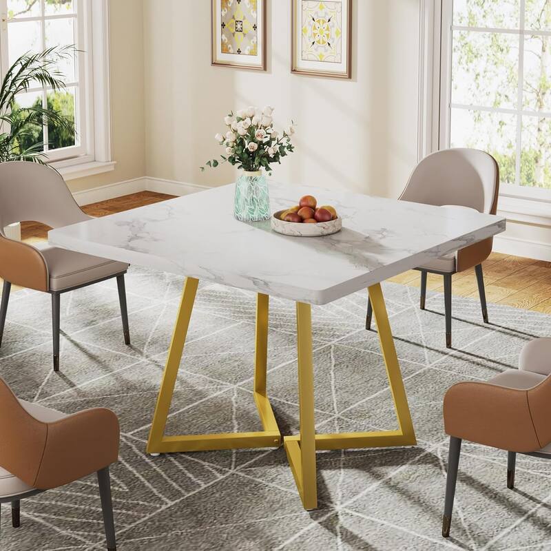 Small Dining Table for 4, 31.5 Inches Industrial Dinner Table with Metal Base - Square - Gold