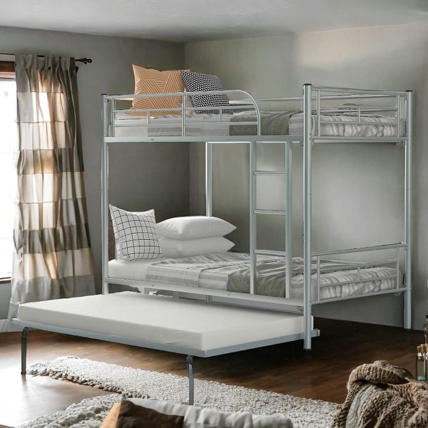 slide 2 of 18, Twin over Twin Bunk Bed With Trundle, Split Into 2 Beds, Silver Silver