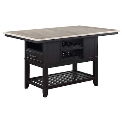 Kara 60 Inch Counter Height Dining Table, Lower Shelves, Wood, Black, Beige