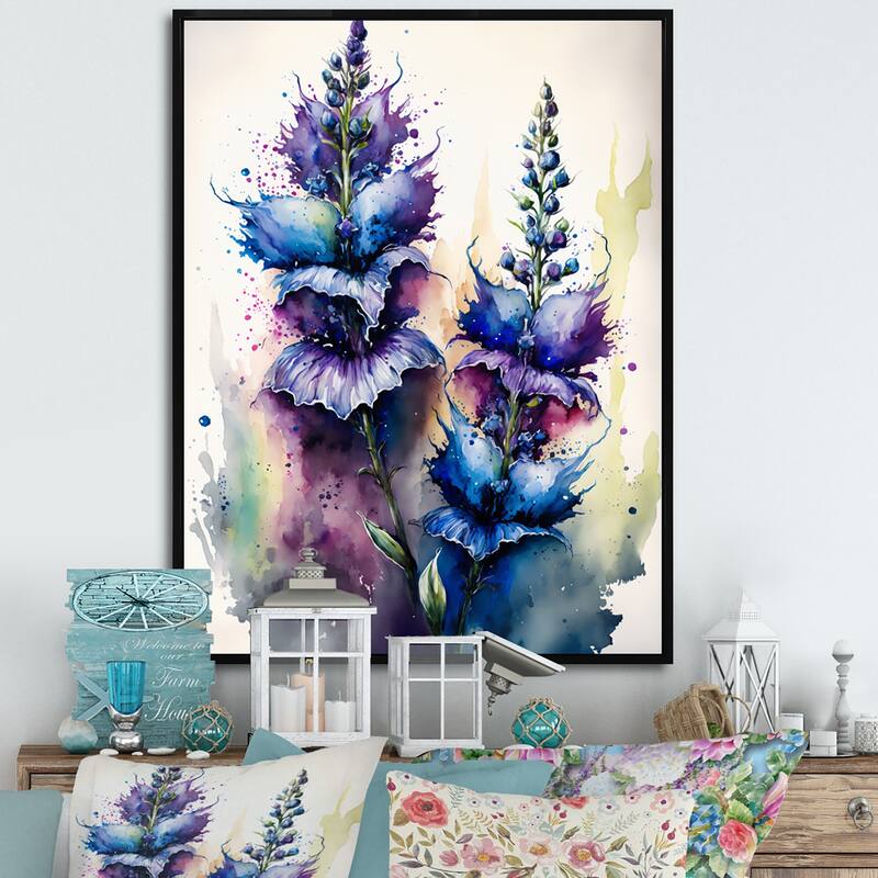 Designart "Blue And Purple Delphinium" Floral & Botanical Framed Canvas Art Print - 30 in. wide x 40 in. high - Black