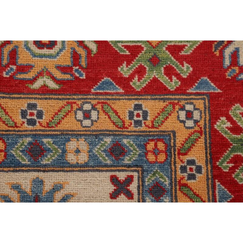 Geometric Kazak Area Rug Hand-Knotted Beige / Ivory Wool Carpet - 6'5" x 9'8"