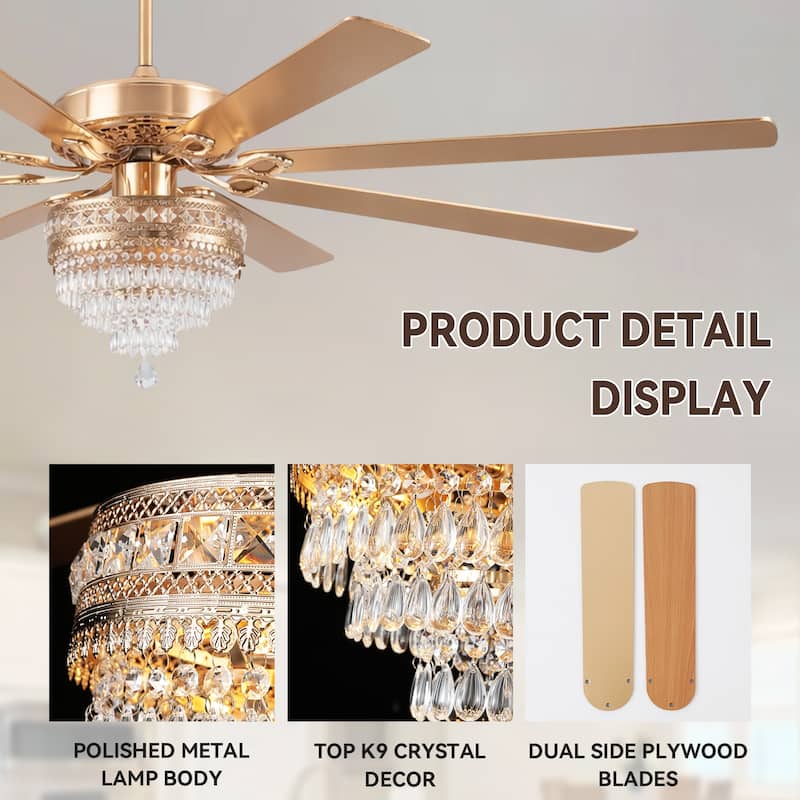 52" or 62" Crystal Ceiling Fan Chandelier with Lights,Remote Control, Timer,Reversible Motor