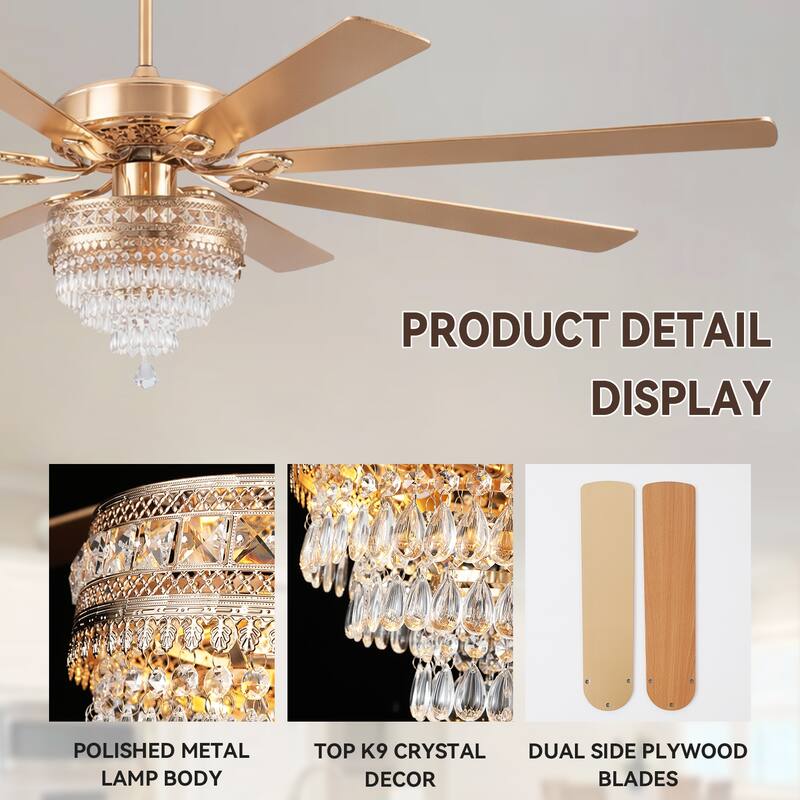 52 or 62 Inches Crystal Ceiling Fan Fandelier with Lights,For Bedroom Kitchen Patio Remote Control