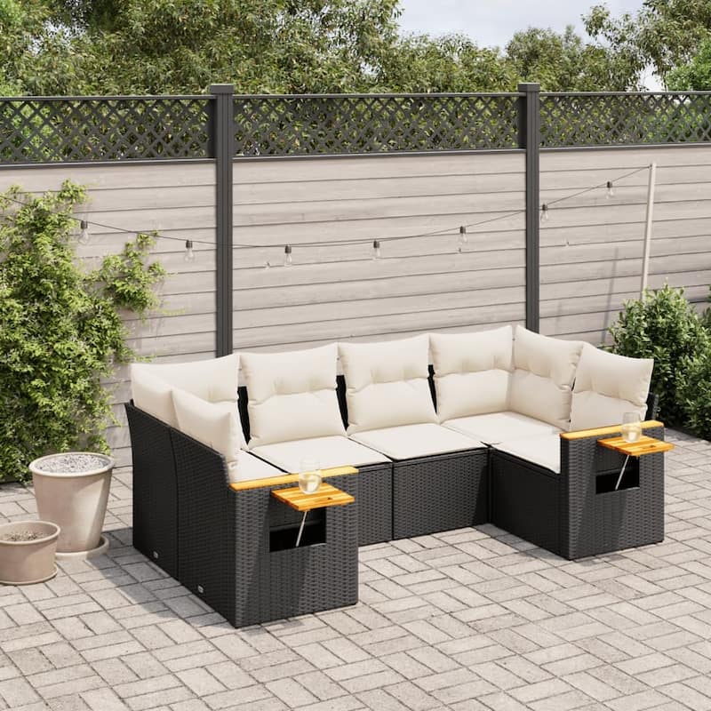 vidaXL Patio Sofa Set with Cushions Outdoor Furniture 6 Piece Poly Rattan - 24.4 x 33.5 x 27.2 in - Black and cream