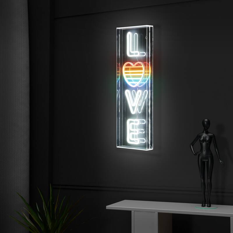LOVE 8" X 24" Contemporary Glam Acrylic Box USB Operated LED Neon Light, White/Rainbow by JONATHAN Y - 8" X 24"